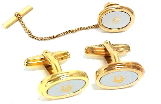 Christian Dior Vintage Cufflinks Tie Tack Pin Set Gold Tone Authentic Japan Used