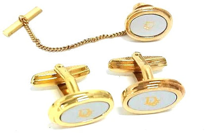Christian Dior Vintage Cufflinks Tie Tack Pin Set Gold Tone Authentic Japan Used