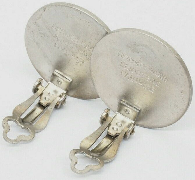 Hermes Serie Clip-On Earrings Silver Color Metal Round Coin Authentic Paris Used