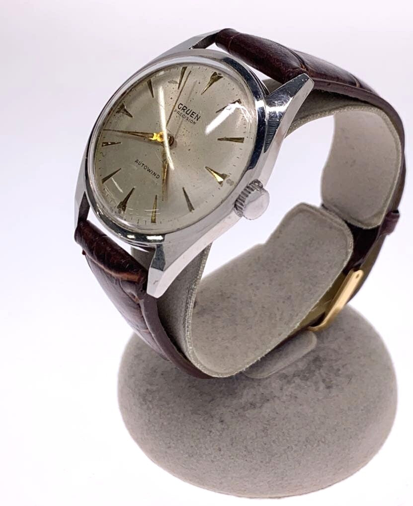 GRUEN Precision Autowind Vintage Automatic Watch Silver Dial Brown Leather Swiss