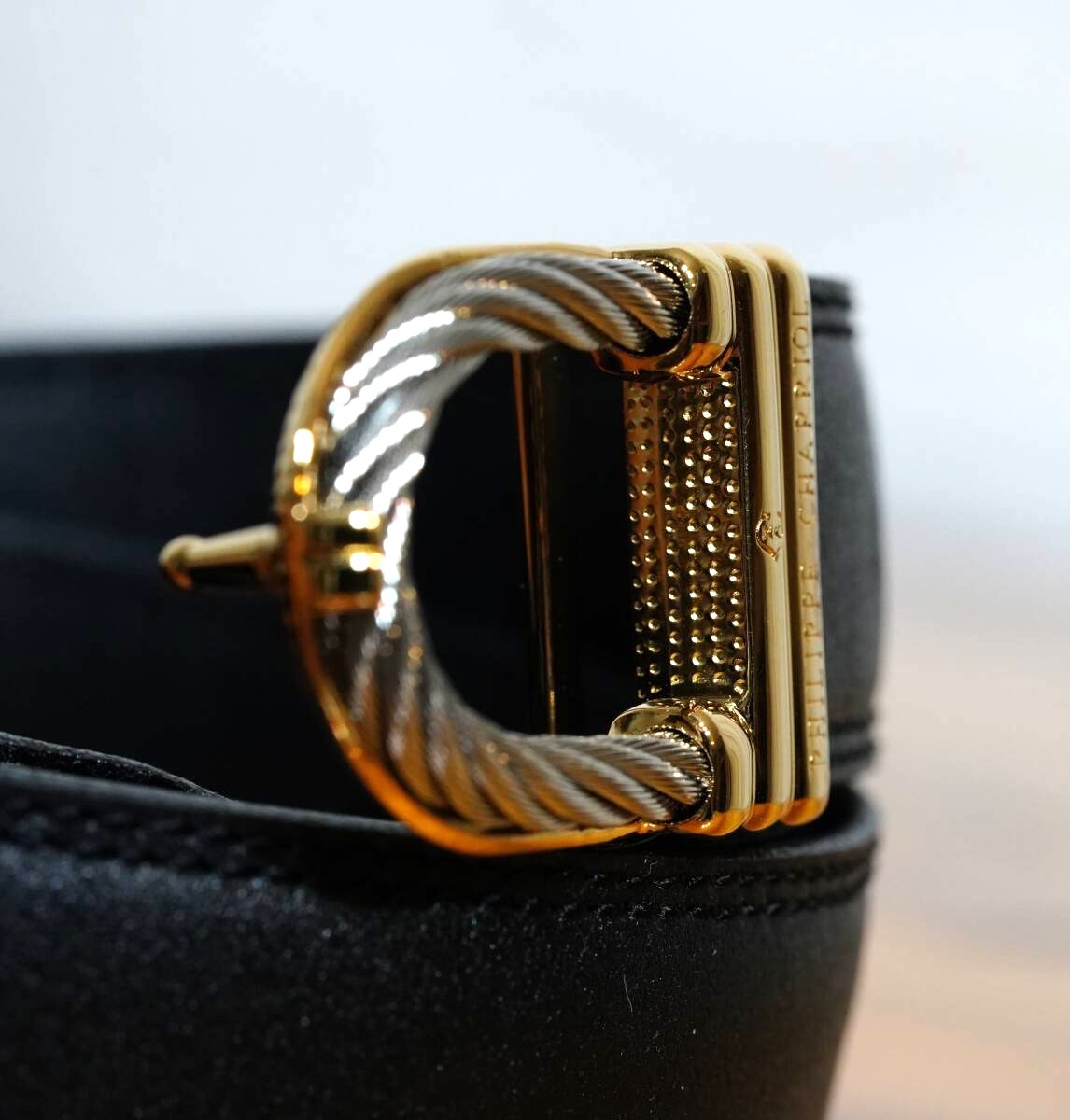 CHARRIOL Cable Buckle Leather Belt Black Gold Silver Hardware Made in France