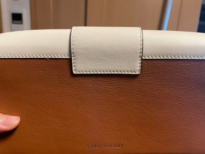 Strathberry East/West Mini Bag White Brown Bicolor Leather Gold Chain Crossbody