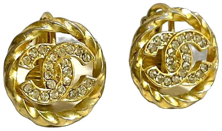 CHANEL CC Logo Rhinestone Twist Rope Clip-On Earrings Gold Vintage France 1.8cm