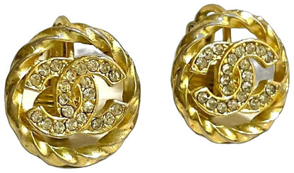 CHANEL CC Logo Rhinestone Twist Rope Clip-On Earrings Gold Vintage France 1.8cm