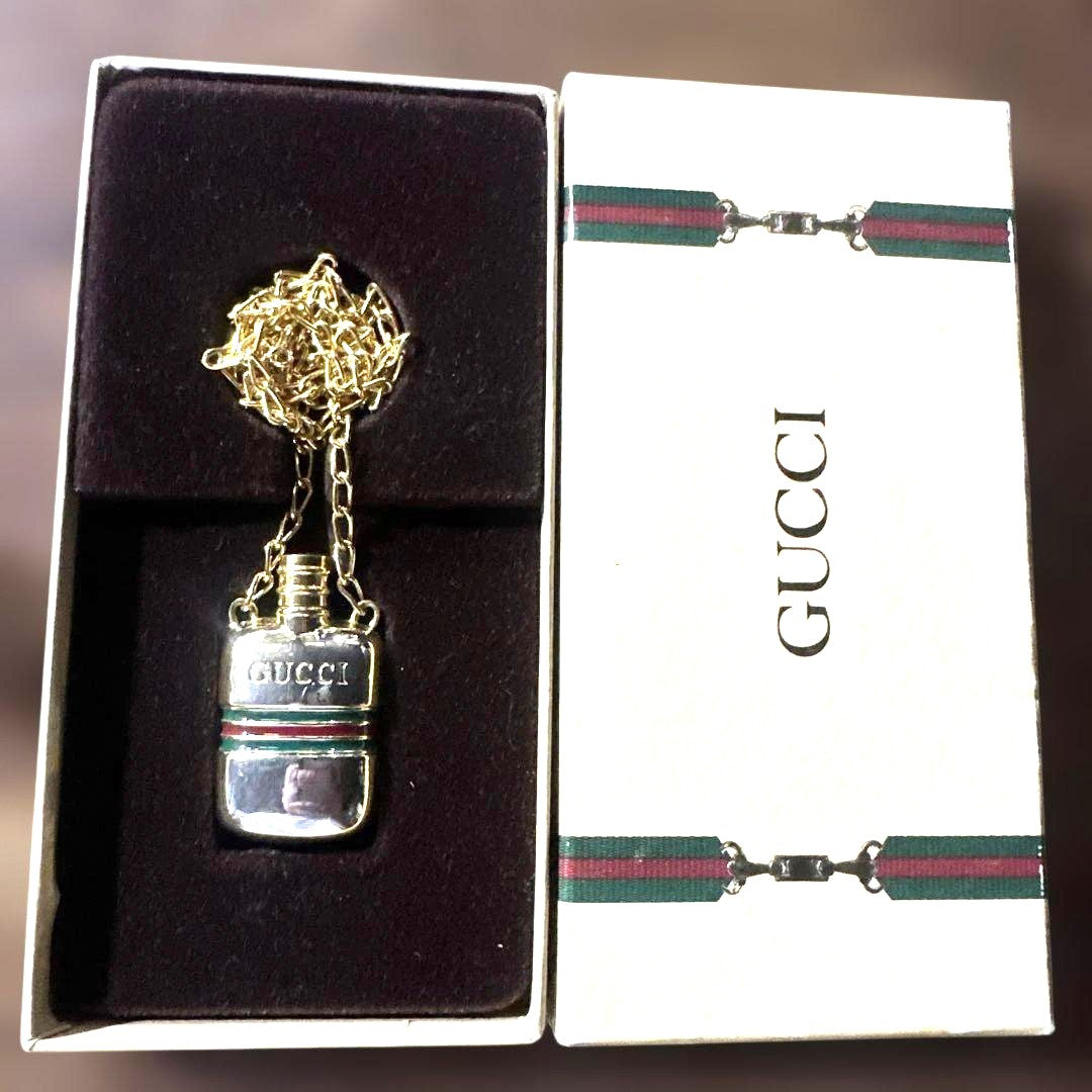 GUCCI Perfume Bottle Pendant Necklace Sherry Line Gold Silver Vintage Authentic