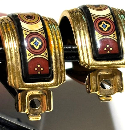 Michaela Frey Wien Clip-On Earrings Gold Enamel Geometric Vintage Austria