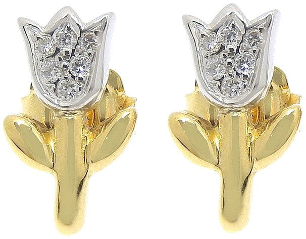 TOUS Tulip Motif Diamond Stud Earrings K18YG 18K Yellow Gold White Gold Mint