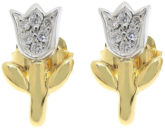 TOUS Tulip Motif Diamond Stud Earrings K18YG 18K Yellow Gold White Gold Mint