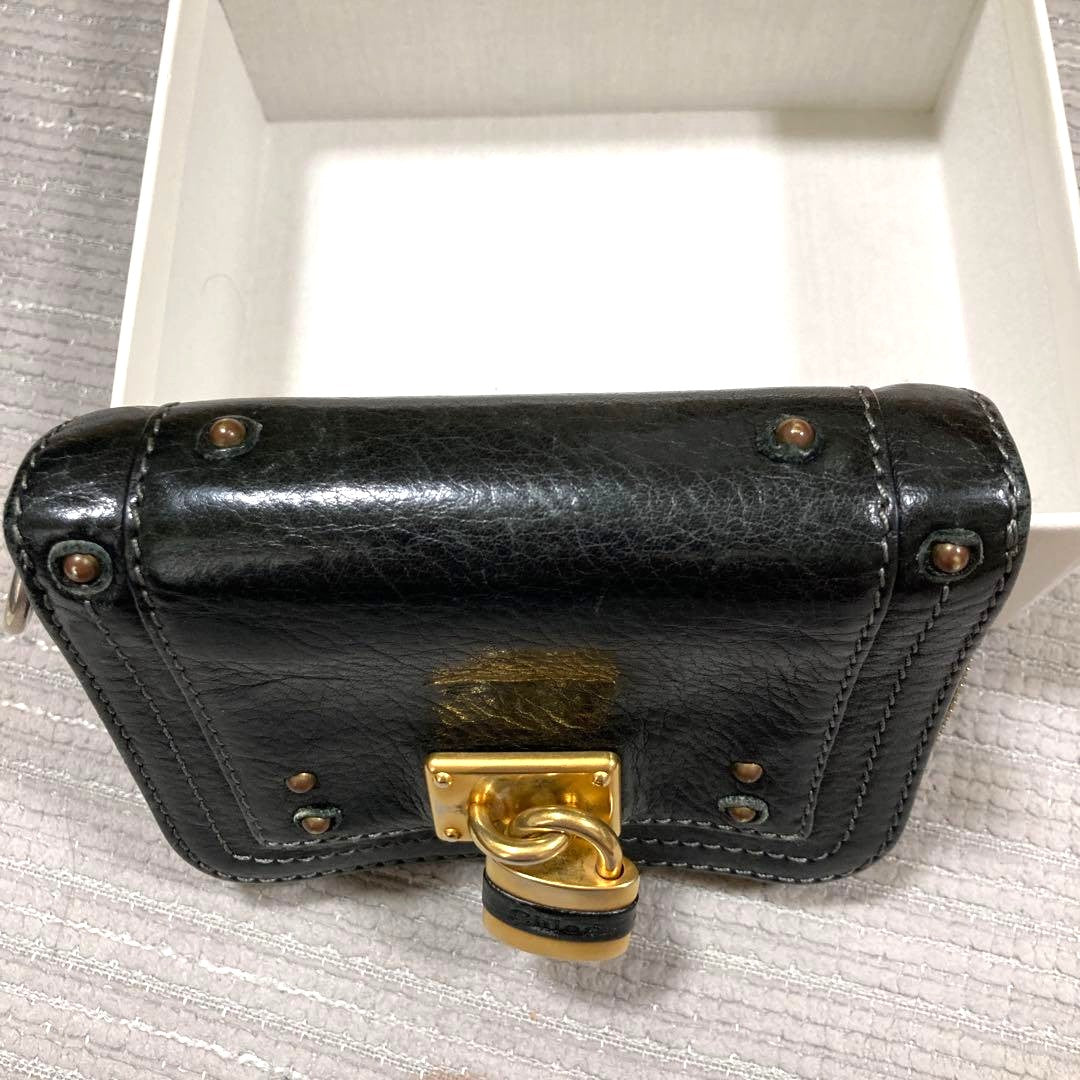 Chloe Paddington Bi-fold Wallet Coin Purse Black Leather Gold Padlock Authentic