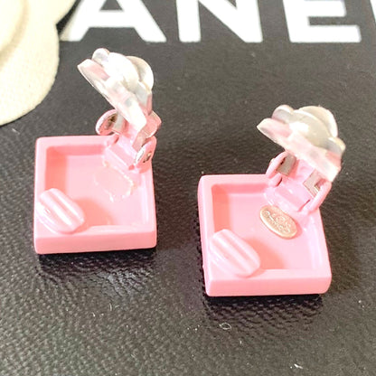 CHANEL CC Logo Earrings Pink Diamond Square Resin Silver Clip-On Authentic