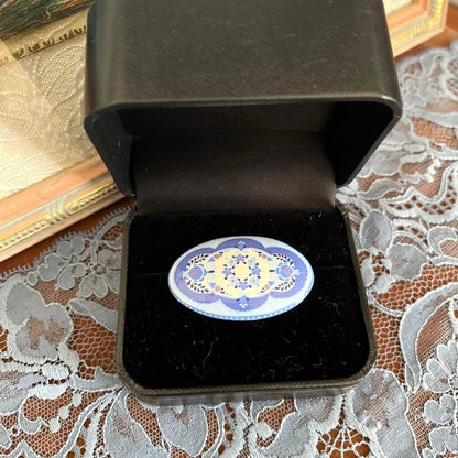 Michaela Frey Wien Enamel Brooch Pin Blue Floral Oval Handmade Austria Vintage