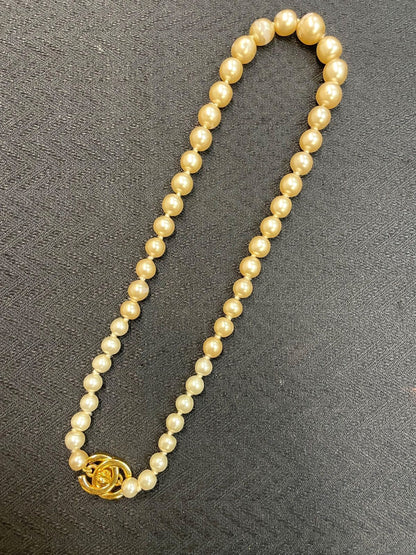 CHANEL CC Turnlock Faux Pearl Necklace Cream Gold Hardware Vintage Authentic