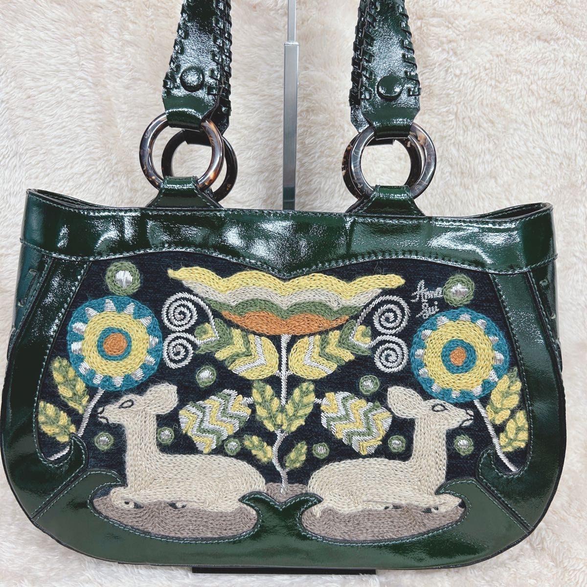 ANNA SUI Embroidered Tote Bag Dark Green Deer Floral Patent Leather Vintage