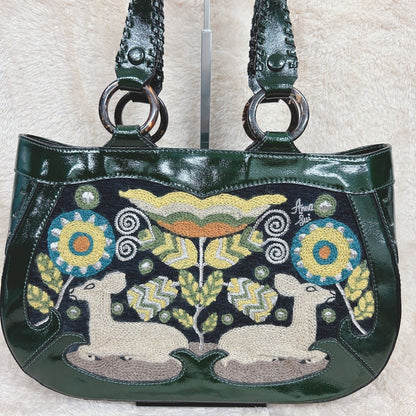 ANNA SUI Embroidered Tote Bag Dark Green Deer Floral Patent Leather Vintage