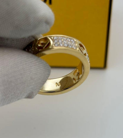 Excellent Fendi Rhinestone F Logo Gold Tone Metal Ring Size M EU 52 US 6