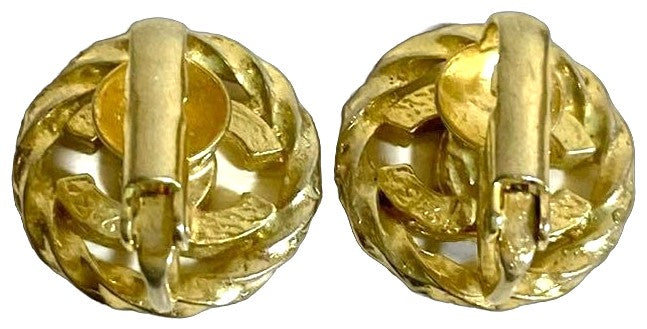 CHANEL CC Logo Rhinestone Twist Rope Clip-On Earrings Gold Vintage France 1.8cm