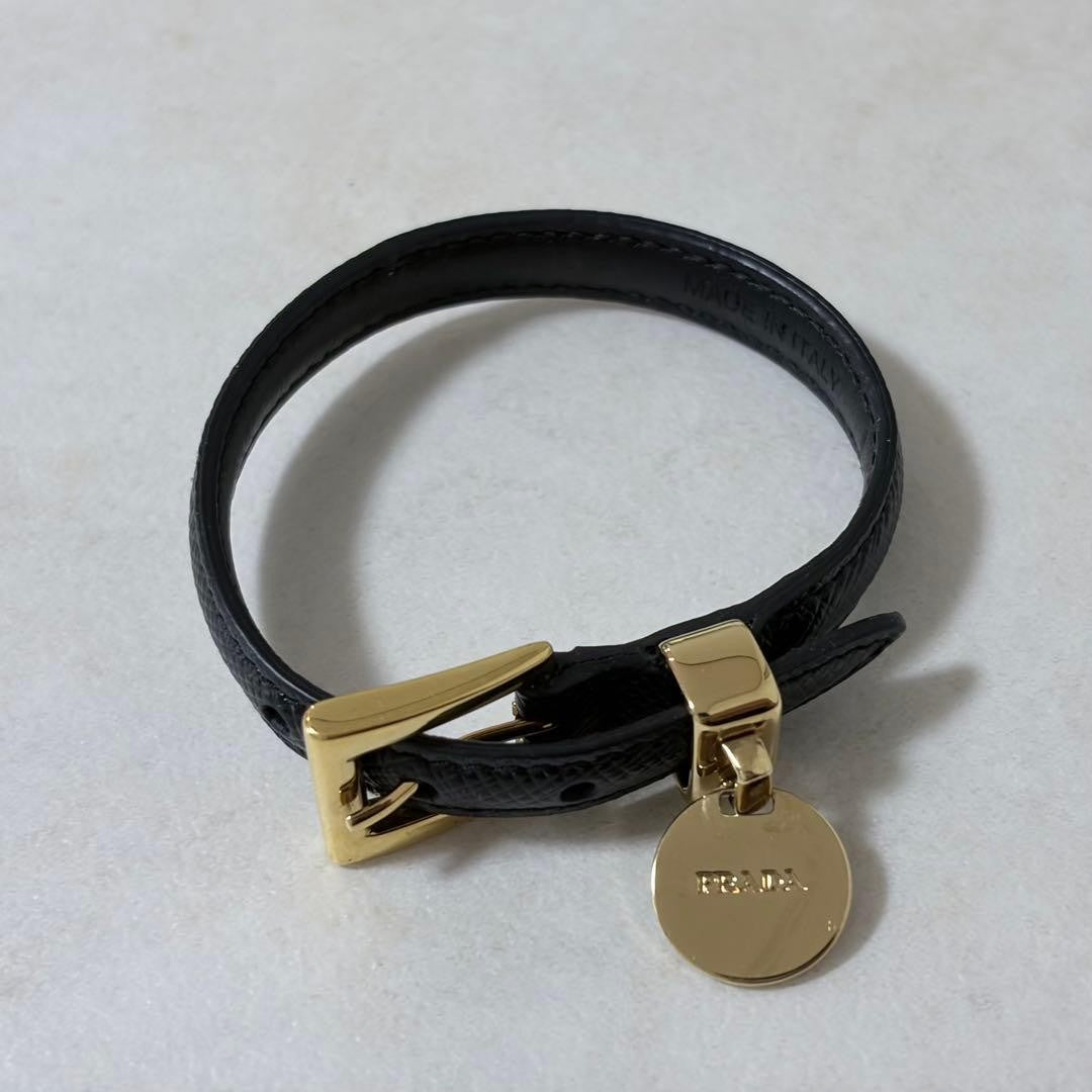 Prada Saffiano Black Leather Gold Hardware Bracelet Bangle Size M