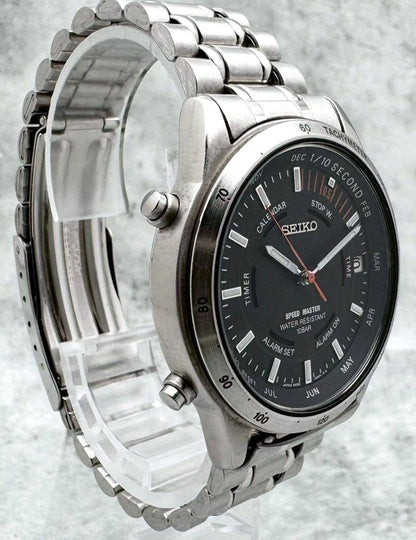 SEIKO Speed Master 6M26-6000 Black Dial Quartz Watch Steel 37.9mm Japan Used