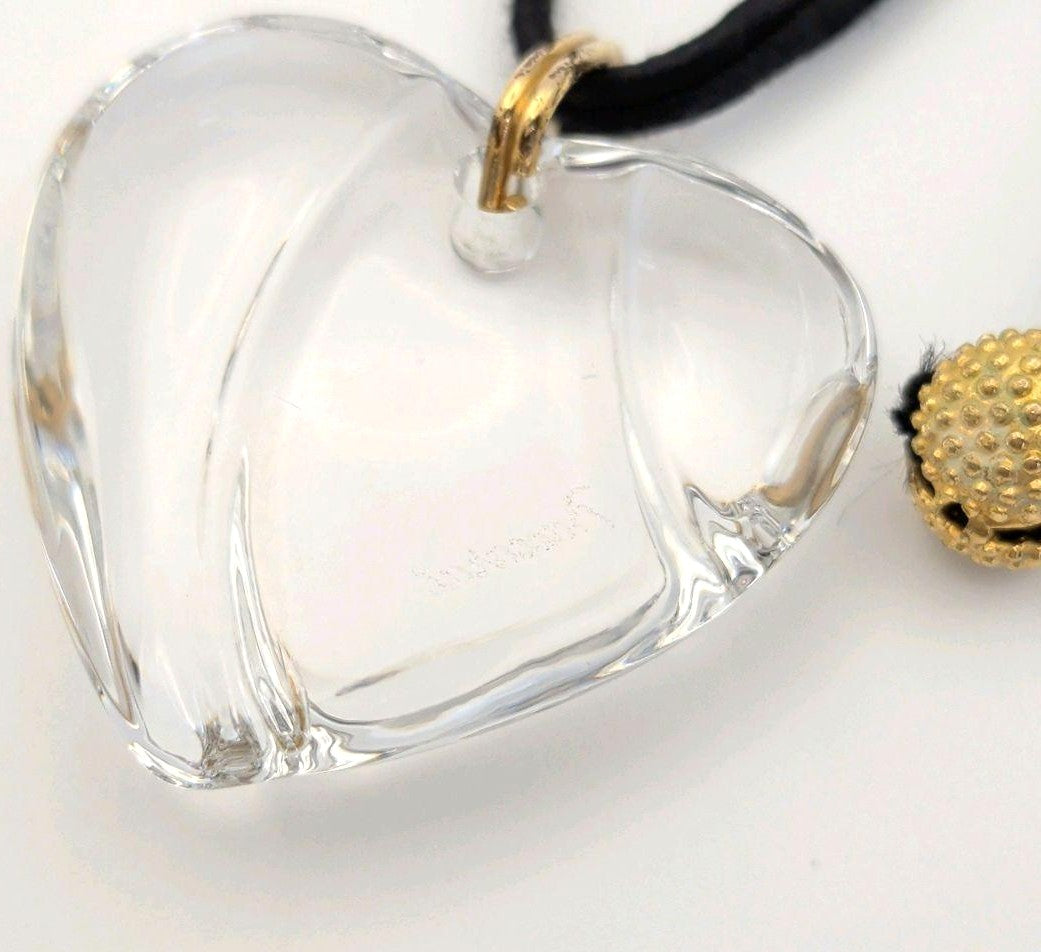 Baccarat Crystal Heart Pendant Necklace Clear Motif Gold Tone Black Cord Ladies