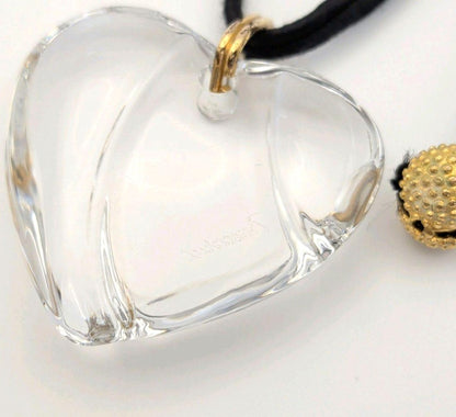 Baccarat Crystal Heart Pendant Necklace Clear Motif Gold Tone Black Cord Ladies