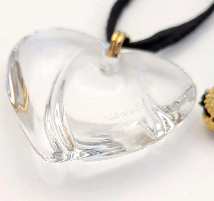 Baccarat Crystal Heart Pendant Necklace Clear Motif Gold Tone Black Cord Ladies