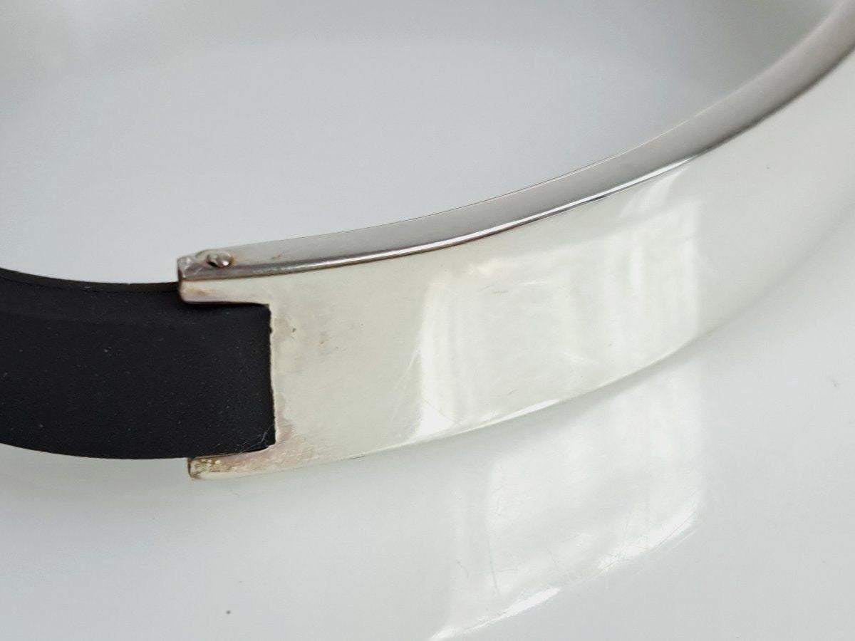 GUCCI Plate Rubber Bracelet Bangle Silver 925 Black 7.5in Authentic Unisex