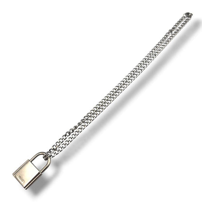 Prada Silver Plated Padlock Cadena Necklace Top Charm 2 Keys Curb Chain 50cm