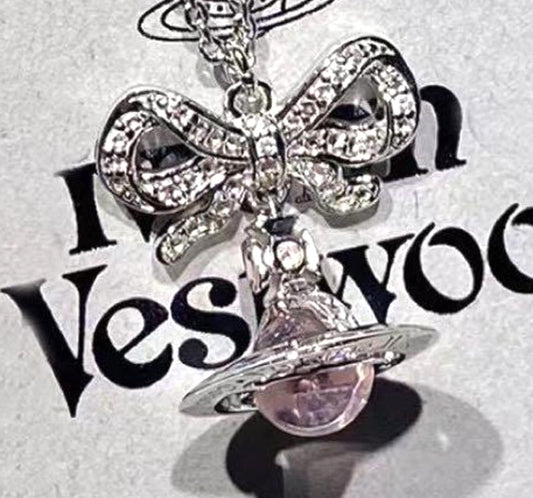 Vivienne Westwood Drop Ribbon Small Orb Necklace Silver Pink Crystal 40-45cm