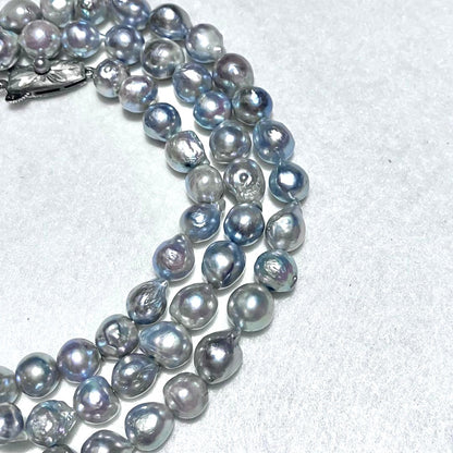 Takashimaya Akoya Pearl Necklace 3-Strand Blue Gray Baroque 8mm 20.9in Japan