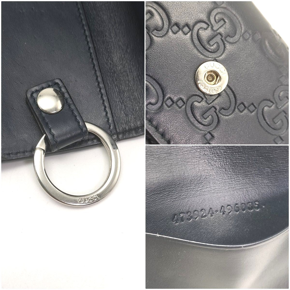 GUCCI Guccissima Key Case Holder 6-Ring Navy Blue Leather GG Logo Authentic