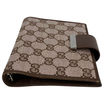 GUCCI GG Canvas Agenda Notebook Cover Planner Binder Brown Leather Silver HW