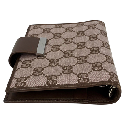 GUCCI GG Canvas Agenda Notebook Cover Planner Binder Brown Leather Silver HW