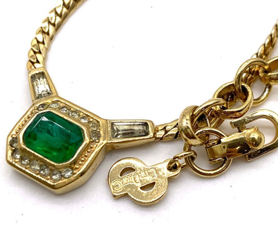 Vintage Christian Dior  Green Stone Rhinestone Gold Tone Chain Necklace 17" Used