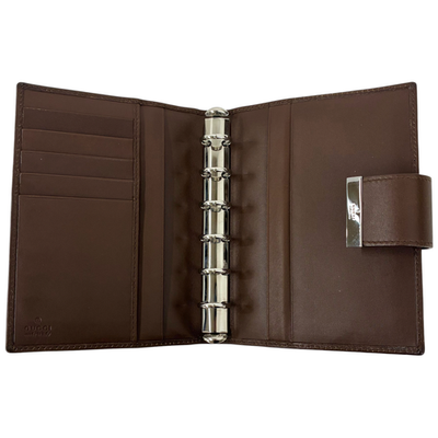 GUCCI GG Canvas Agenda Notebook Cover Planner Binder Brown Leather Silver HW