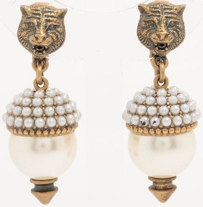 Gucci Tiger Head Earrings GP Fake Pearl Gold Italy Clip-On Authentic Japan Used