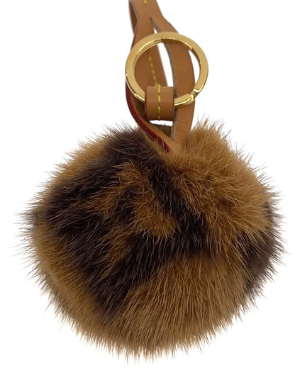 Louis Vuitton M00543 Fur Pompom Bag Charm Key Ring Camel Brown Authentic 2.8in