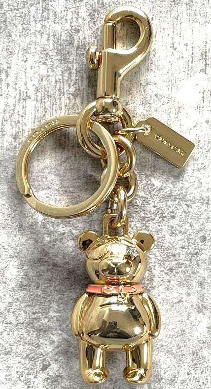 COACH 3D Teddy Bear Bag Charm Key Ring Gold Metal Pink Enamel 2.4in Authentic