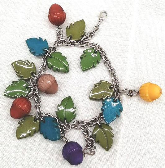 FENDI Leaf Acorn Charm Bracelet Multicolor Resin Silver Tone 16cm 6.3in