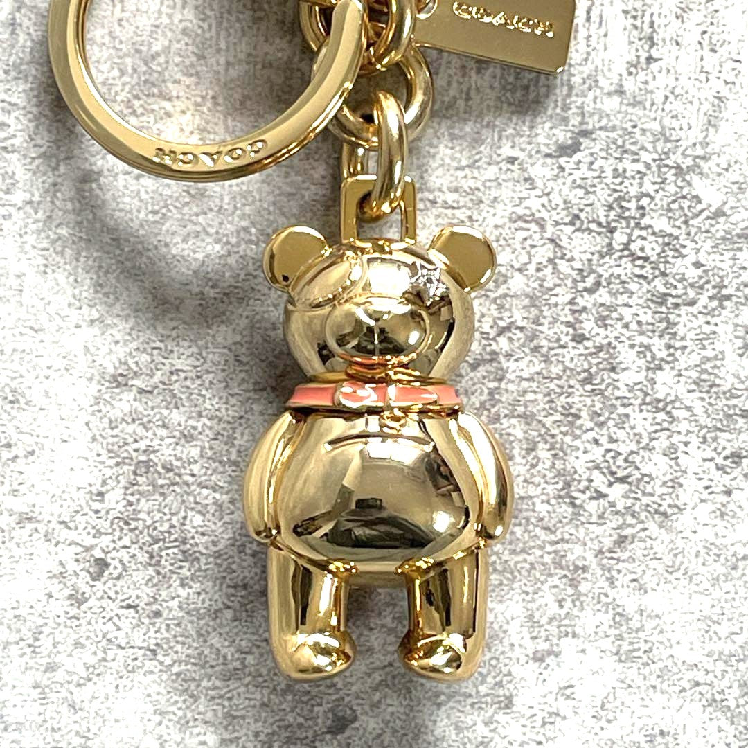 COACH 3D Teddy Bear Bag Charm Key Ring Gold Metal Pink Enamel 2.4in Authentic