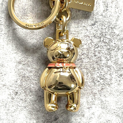 COACH 3D Teddy Bear Bag Charm Key Ring Gold Metal Pink Enamel 2.4in Authentic