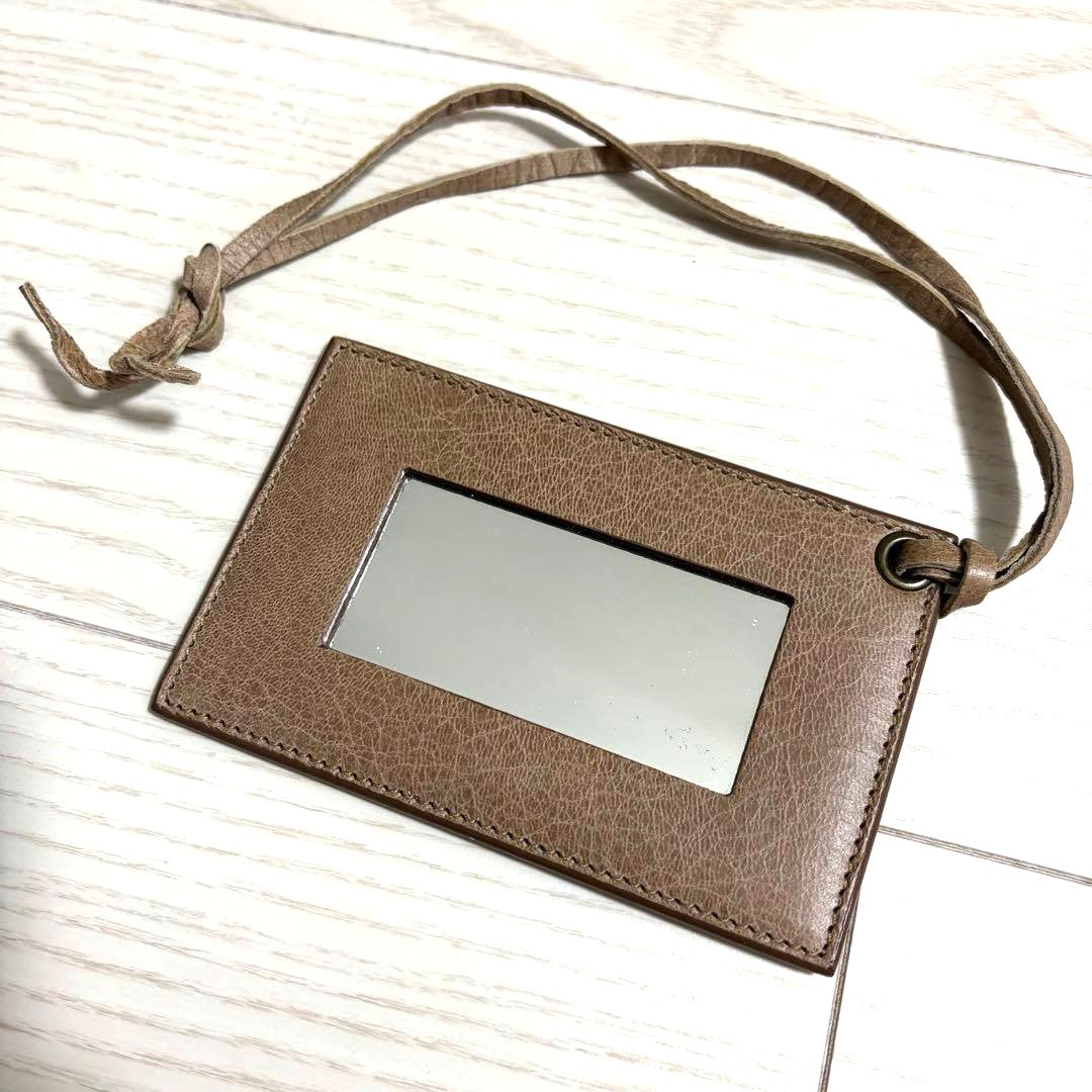 BALENCIAGA Leather Card ID Holder Neck Strap Mirror Light Brown Auth 5.1x3.1"