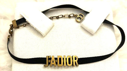 Christian Dior J'ADIOR Choker Necklace Black Ribbon Antique Gold Logo Authentic