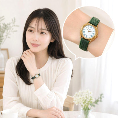 Christian Dior Paris Vintage Watch Shell Dial Gold Green Leather 25.8mm Swiss