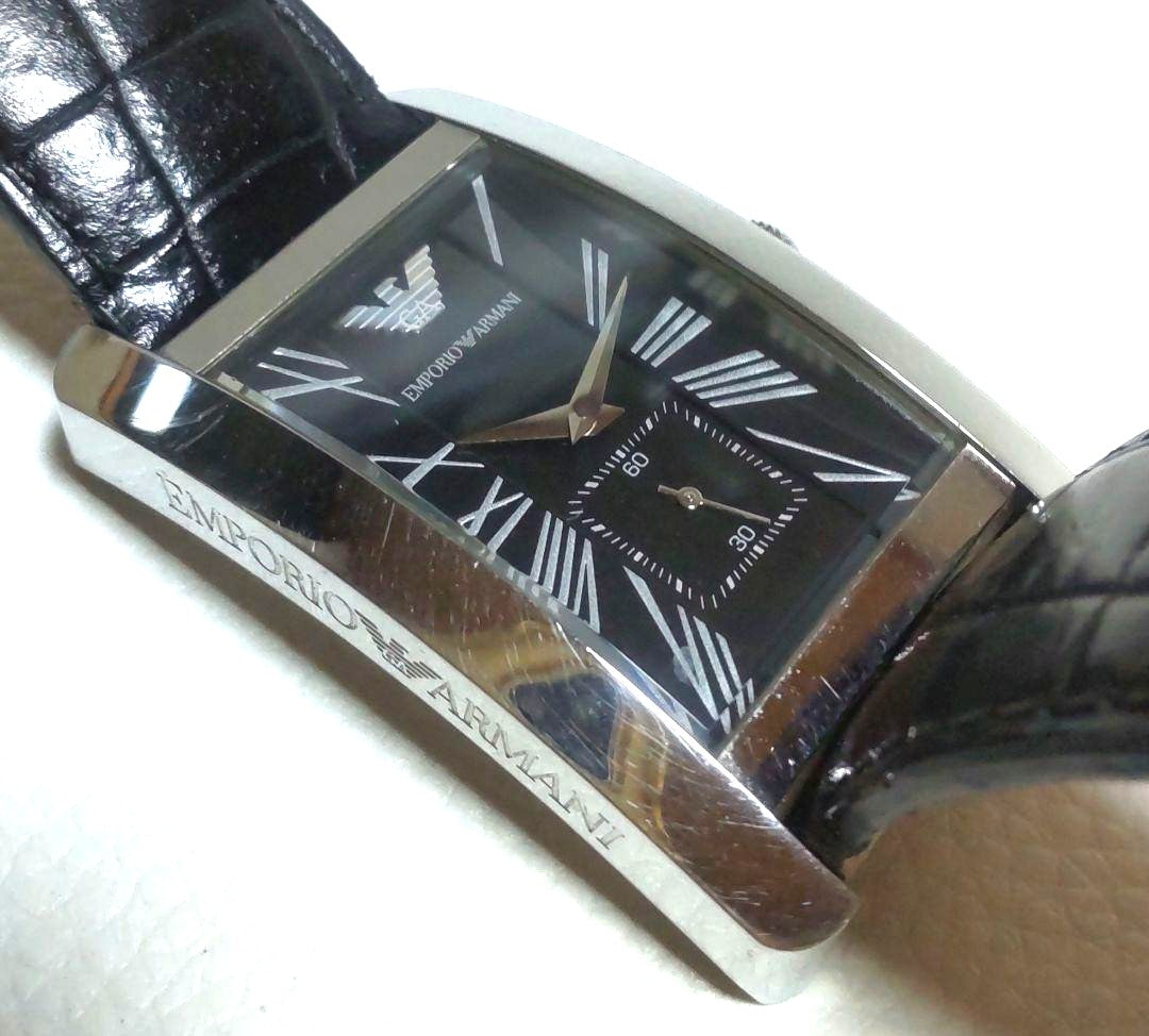 Emporio Armani AR-0143 Mens Quartz Watch Black Dial Silver Rectangle w/Box Used