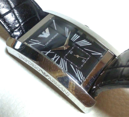 Emporio Armani AR-0143 Mens Quartz Watch Black Dial Silver Rectangle w/Box Used
