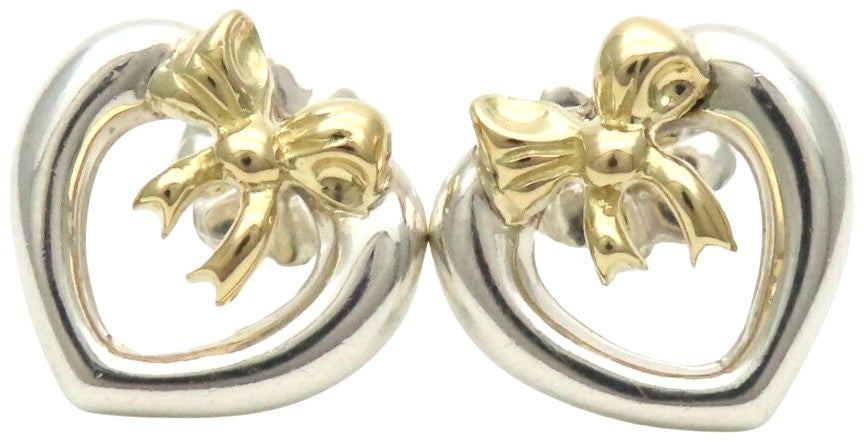 Tiffany & Co Heart Ribbon Earrings Silver 925 18K Gold Combo Studs 11mm Auth