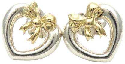 Tiffany & Co Heart Ribbon Earrings Silver 925 18K Gold Combo Studs 11mm Auth