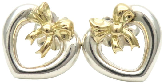 Tiffany & Co Heart Ribbon Earrings Silver 925 18K Gold Combo Studs 11mm Auth
