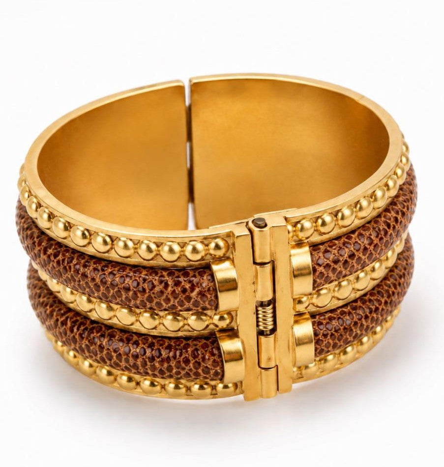 Loewe Gold Tone Metal Brown Leather Bracelet Bangle 17cm 6.7in