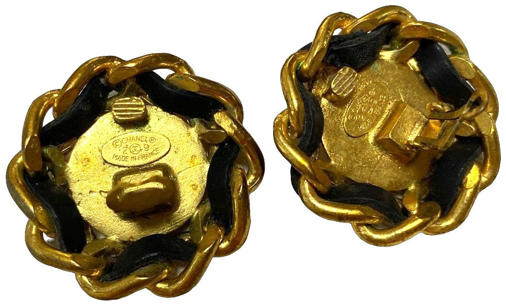 CHANEL CC Logo Chain Leather Clip-On Earrings Gold Black Large 4cm Vintage Used